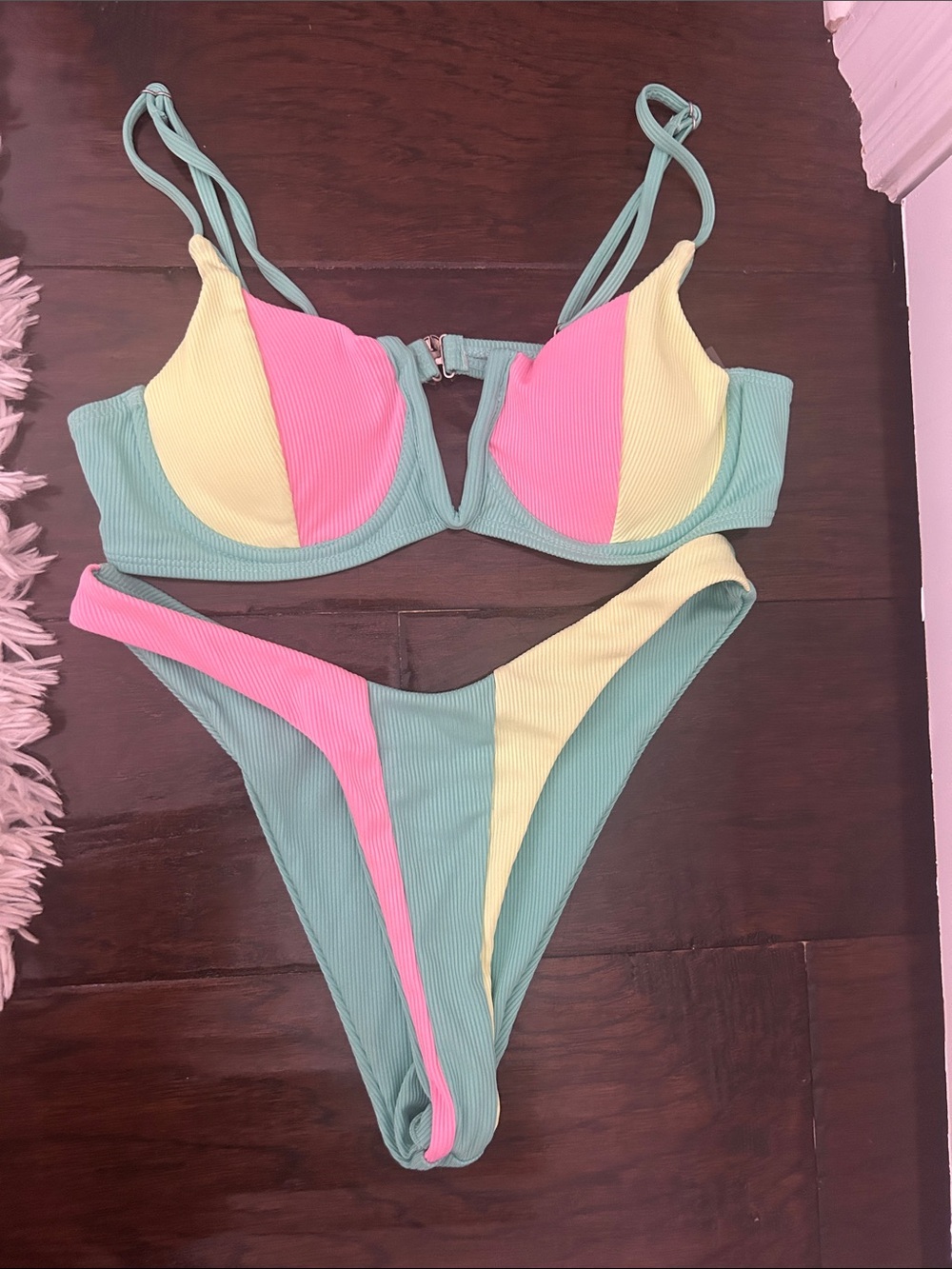 Colorblock Ribbed Bikini Set - Mint, Pink & Pale Yellow